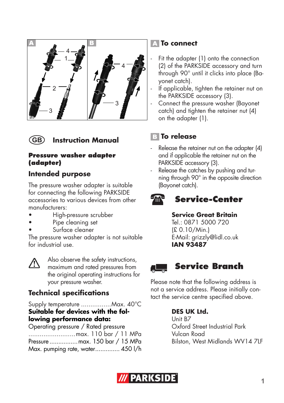 Parkside PRESSURE WASHER ADAPTOR User Manual | 8 pages