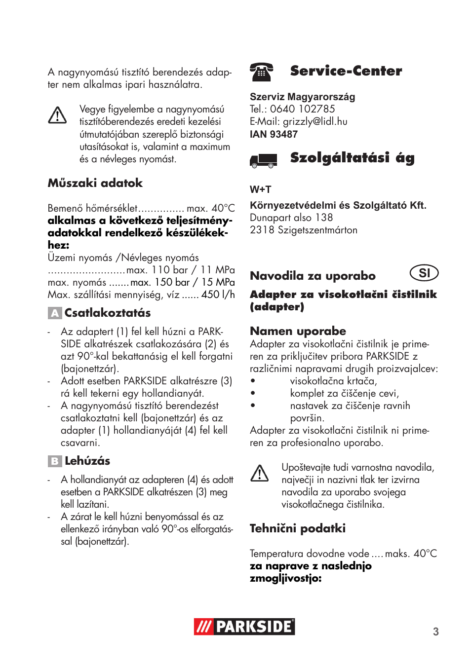 Service-center, Szolgáltatási ág | Parkside PRESSURE WASHER ADAPTOR User Manual | Page 3 / 8