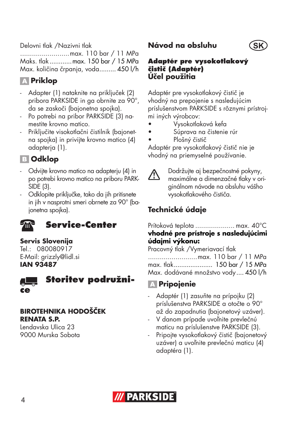 Service-center, Storitev podružni- ce | Parkside PRESSURE WASHER ADAPTOR User Manual | Page 4 / 8