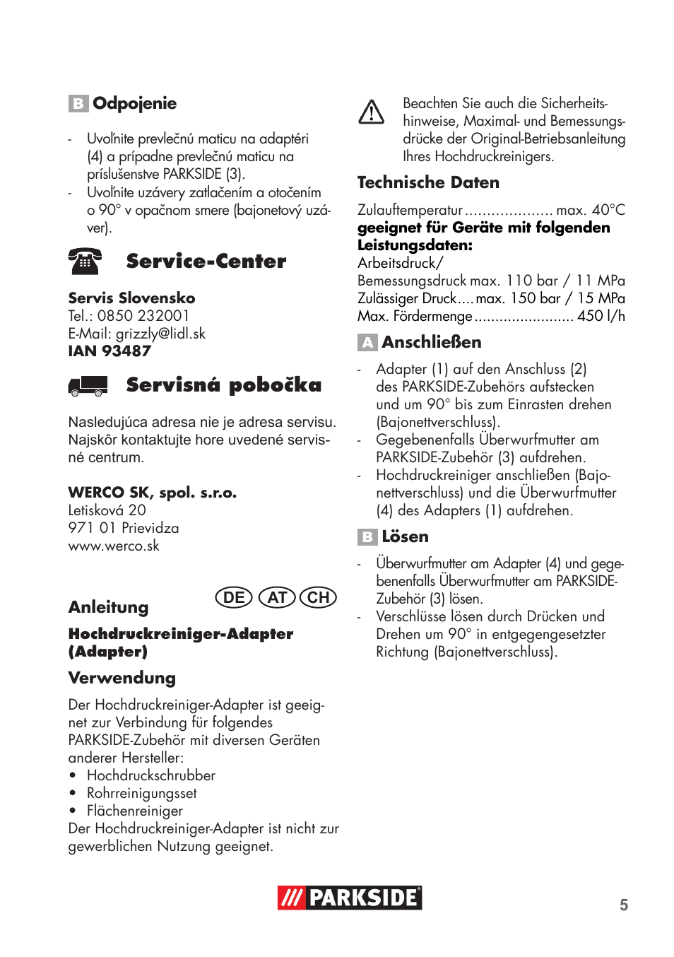 Service-center, Servisná pobočka | Parkside PRESSURE WASHER ADAPTOR User Manual | Page 5 / 8