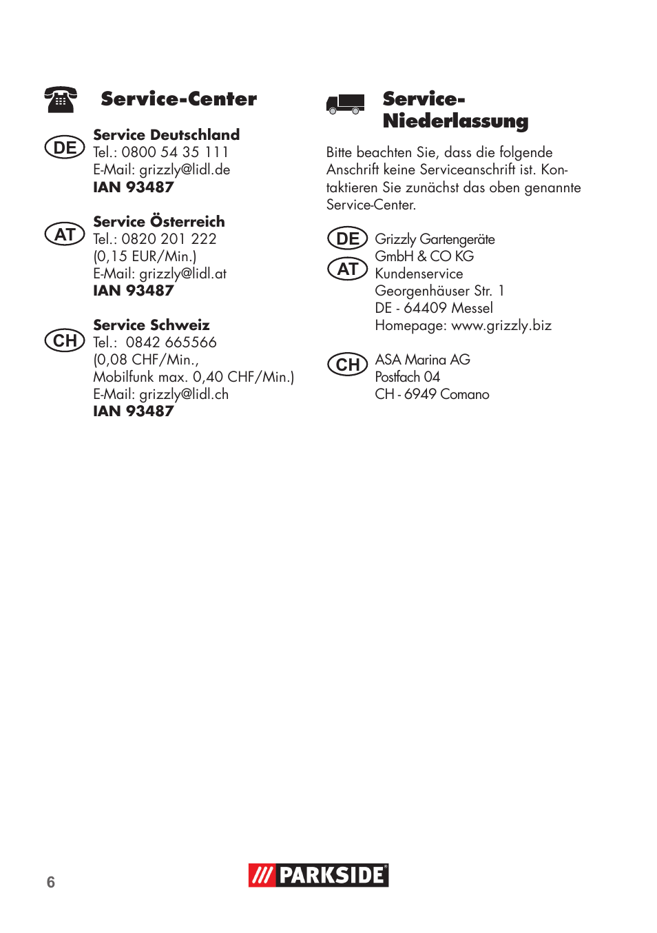 Service- niederlassung, Service-center | Parkside PRESSURE WASHER ADAPTOR User Manual | Page 6 / 8