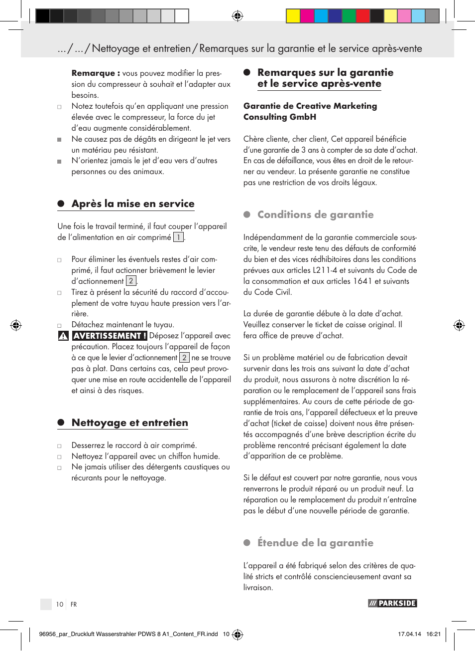 Après la mise en service, Nettoyage et entretien, Conditions de garantie | Étendue de la garantie | Parkside PDWS 8 A1 User Manual | Page 10 / 28