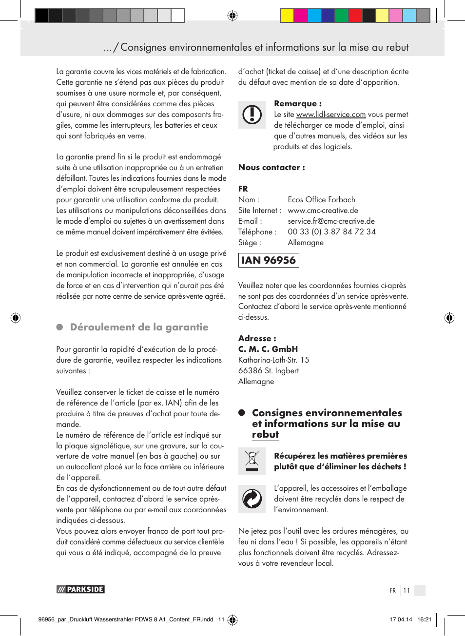 Déroulement de la garantie | Parkside PDWS 8 A1 User Manual | Page 11 / 28