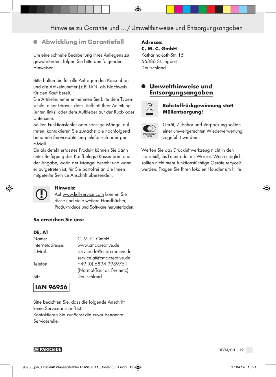 Abwicklung im garantiefall, Umwelthinweise und entsorgungsangaben | Parkside PDWS 8 A1 User Manual | Page 19 / 28