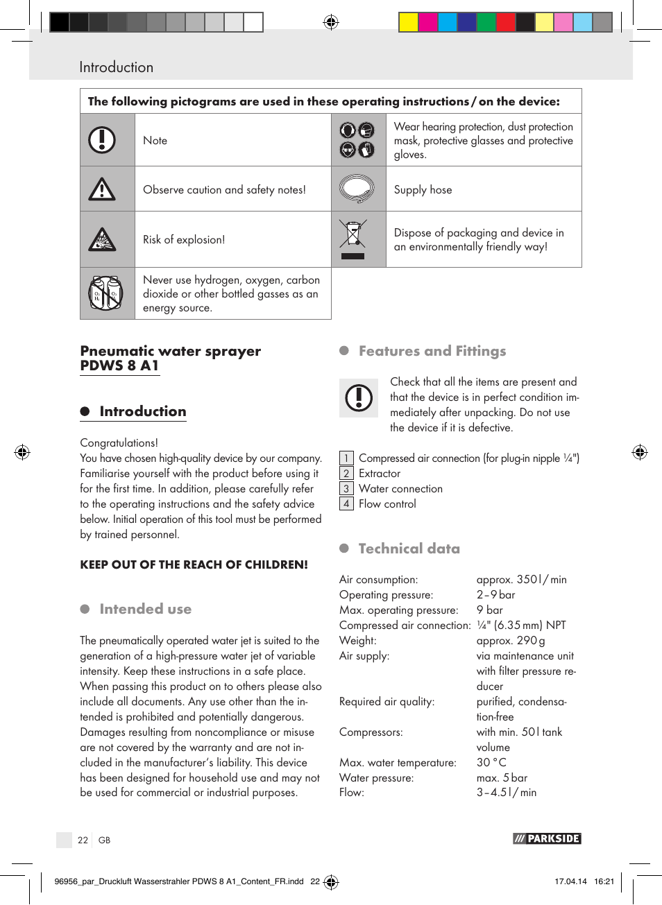 Pneumatic water sprayer pdws 8 a1 introduction, Intended use, Features and fittings | Technical data | Parkside PDWS 8 A1 User Manual | Page 22 / 28