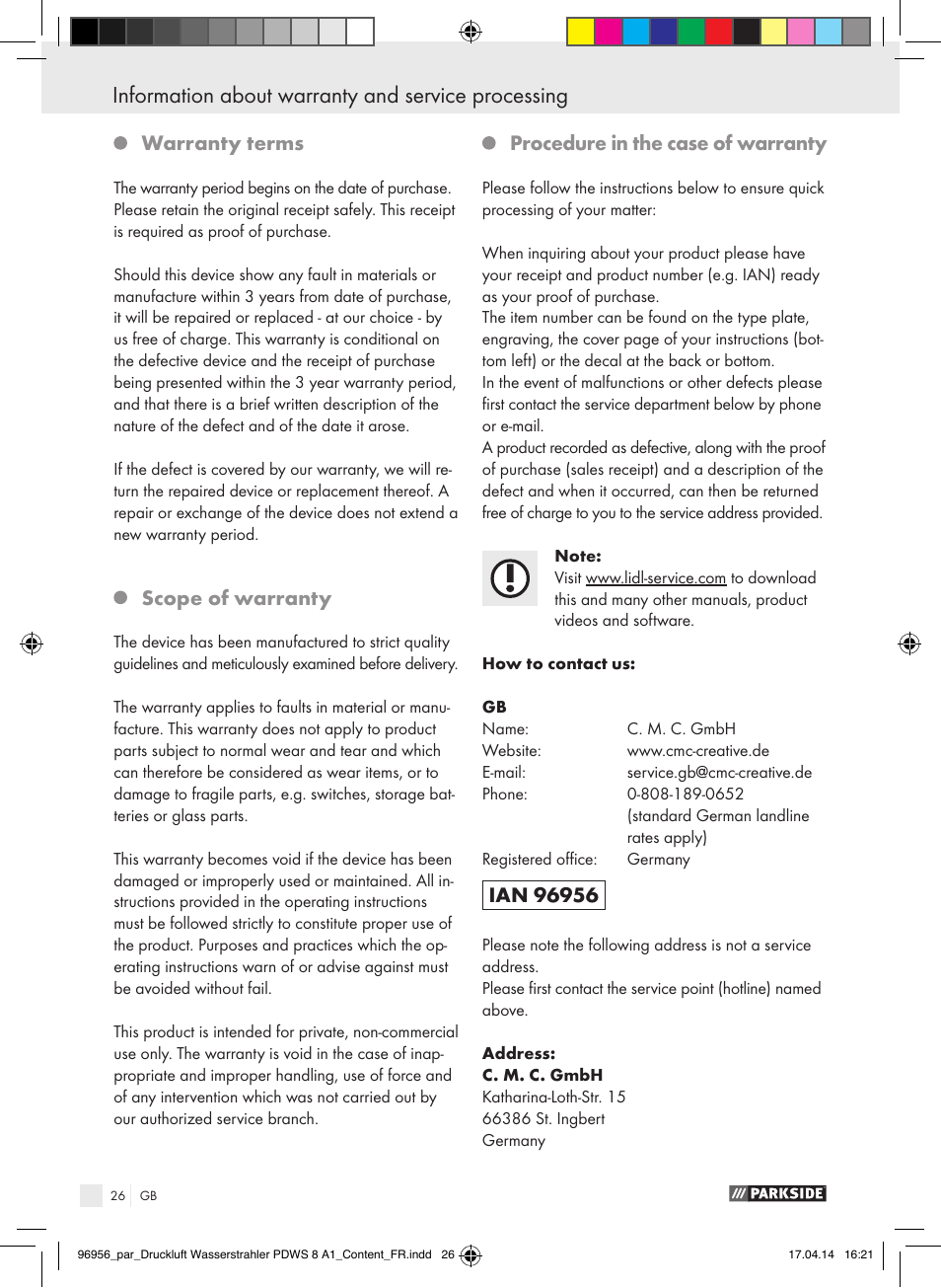 Warranty terms, Scope of warranty, Procedure in the case of warranty | Parkside PDWS 8 A1 User Manual | Page 26 / 28