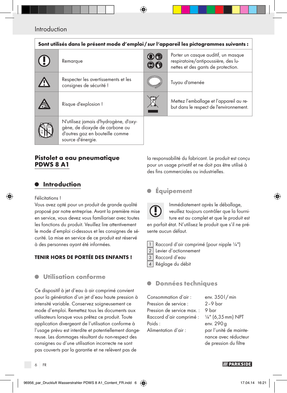 Pistolet a eau pneumatique pdws 8 a1 introduction, Utilisation conforme, Équipement | Données techniques | Parkside PDWS 8 A1 User Manual | Page 6 / 28