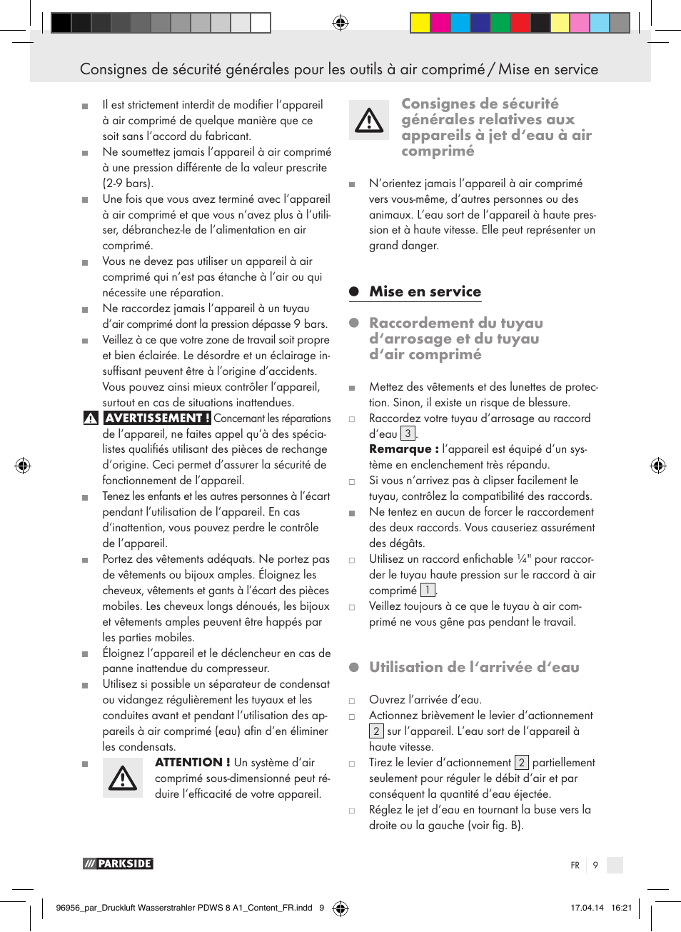 Utilisation de l‘arrivée d‘eau | Parkside PDWS 8 A1 User Manual | Page 9 / 28