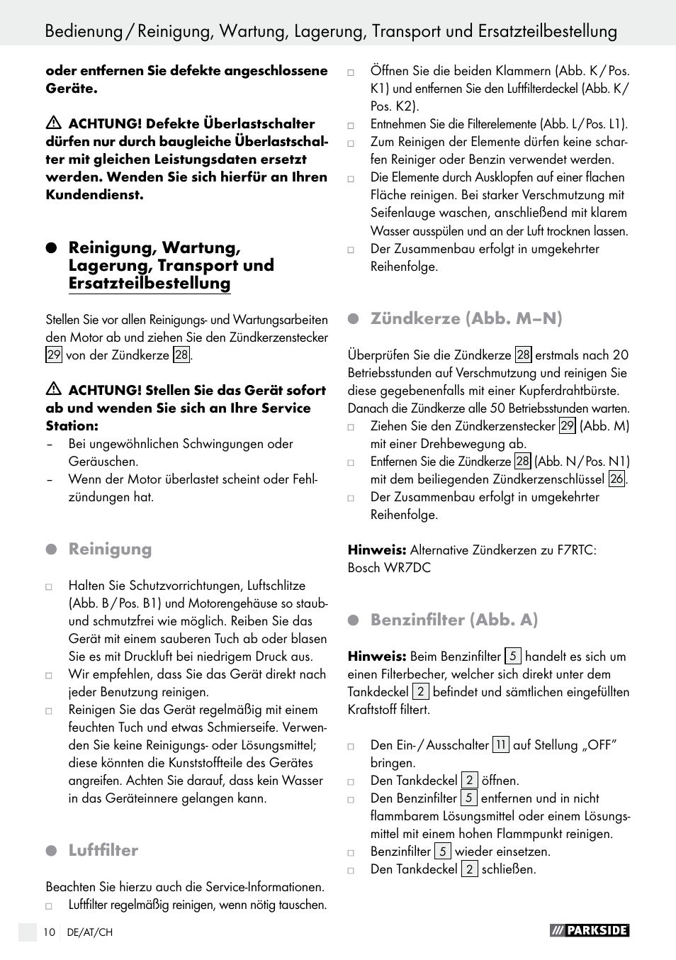 Reinigung, Luftfilter, Zündkerze (abb. m–n) | Benzinfilter (abb. a) | Parkside PSE 2800 A1 User Manual | Page 10 / 44