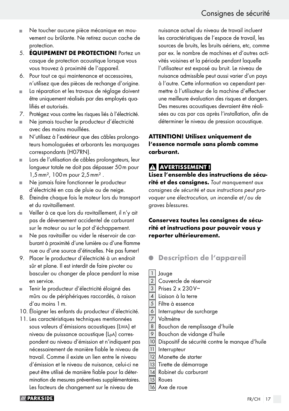 Description de l‘appareil | Parkside PSE 2800 A1 User Manual | Page 17 / 44