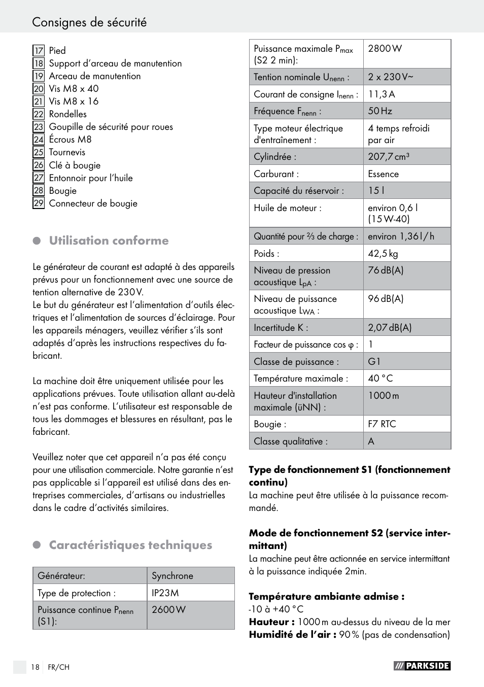 Utilisation conforme, Caractéristiques techniques | Parkside PSE 2800 A1 User Manual | Page 18 / 44