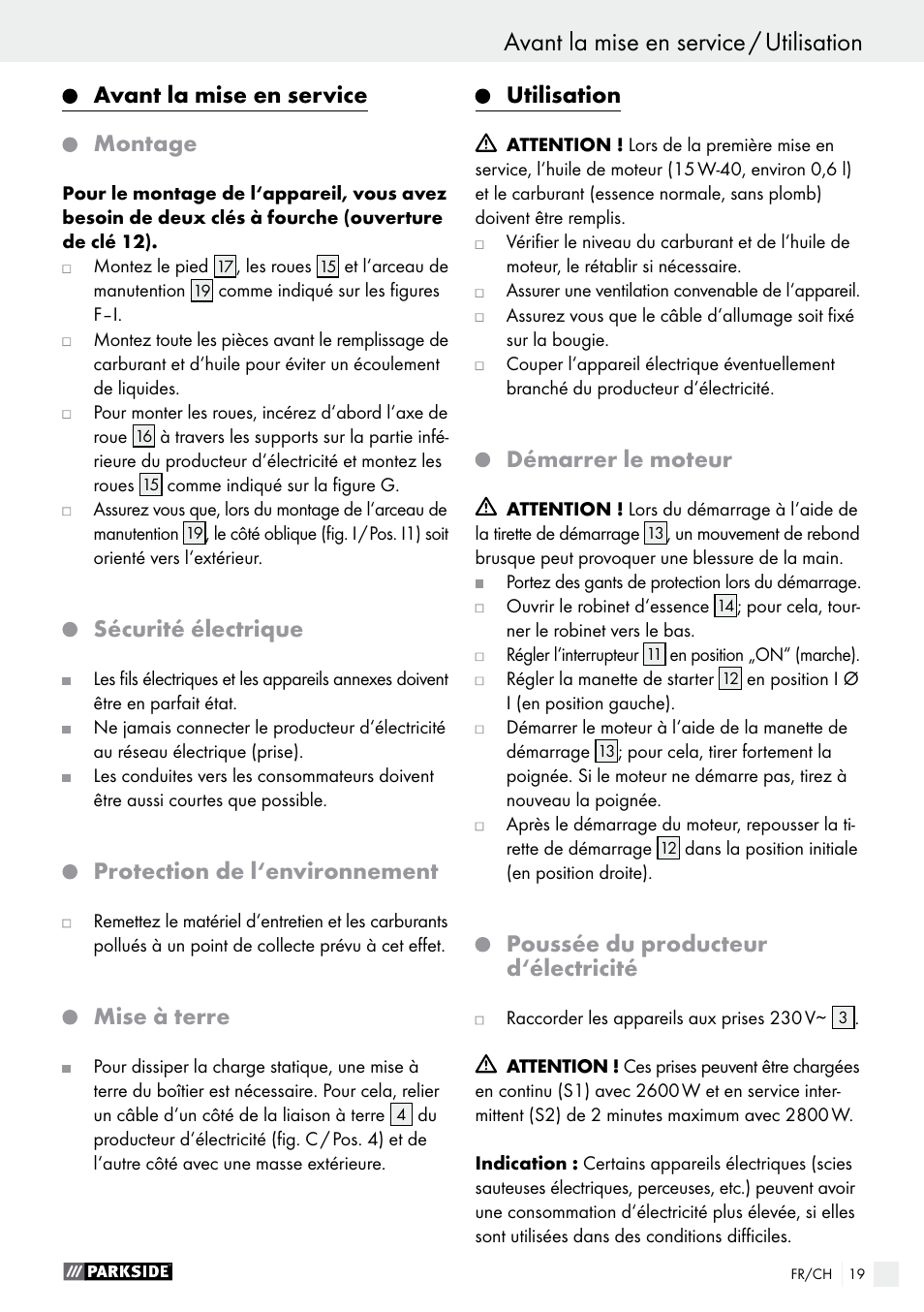 Avant la mise en service montage, Sécurité électrique, Protection de l‘environnement | Mise à terre, Utilisation, Démarrer le moteur, Poussée du producteur d‘électricité | Parkside PSE 2800 A1 User Manual | Page 19 / 44