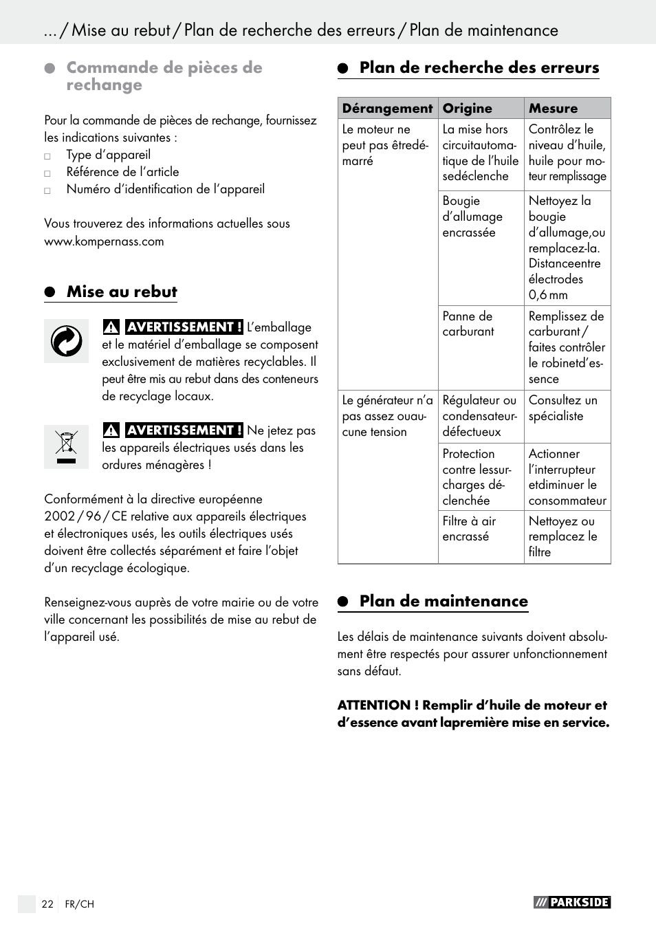 Commande de pièces de rechange, Mise au rebut, Plan de recherche des erreurs | Plan de maintenance | Parkside PSE 2800 A1 User Manual | Page 22 / 44