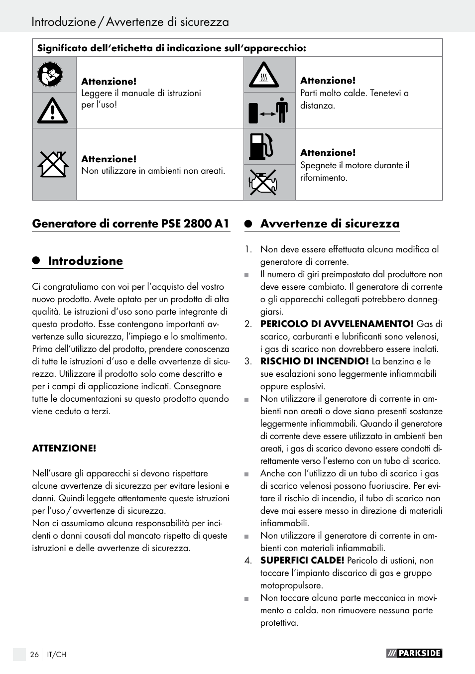 Introduzione, Avvertenze di sicurezza | Parkside PSE 2800 A1 User Manual | Page 26 / 44