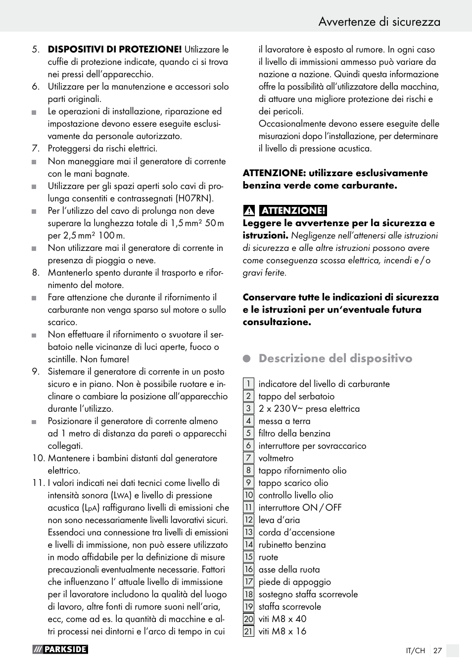 Avvertenze di sicurezza, Introduzione / avvertenze di sicurezza, Descrizione del dispositivo | Parkside PSE 2800 A1 User Manual | Page 27 / 44