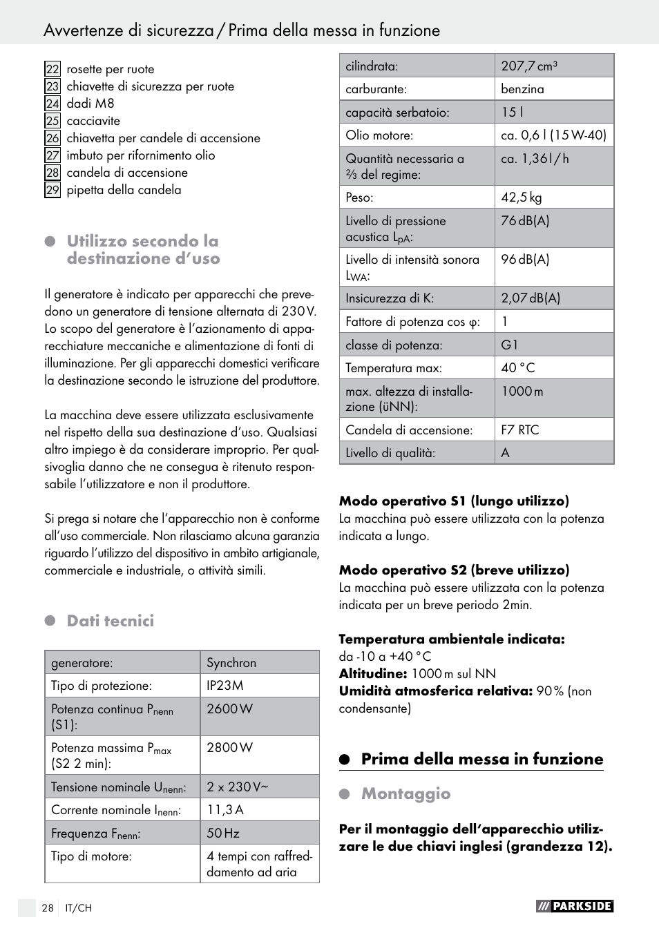 Utilizzo secondo la destinazione d’uso, Dati tecnici, Prima della messa in funzione montaggio | Parkside PSE 2800 A1 User Manual | Page 28 / 44