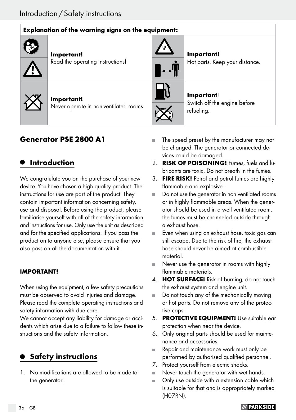 Introduction / safety instructions, Introduction, Safety instructions | Parkside PSE 2800 A1 User Manual | Page 36 / 44