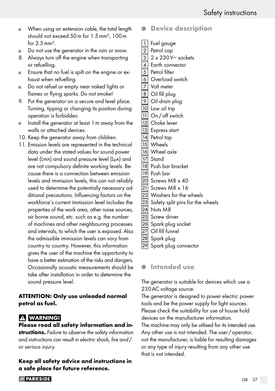 Device description, Intended use | Parkside PSE 2800 A1 User Manual | Page 37 / 44
