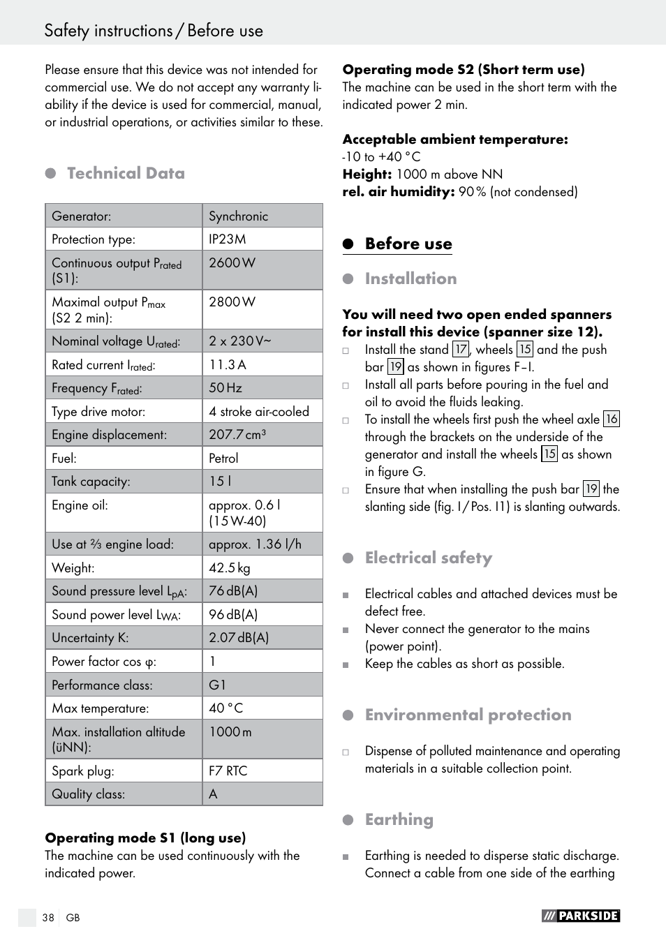 Safety instructions / before use, Technical data, Before use installation | Electrical safety, Environmental protection, Earthing | Parkside PSE 2800 A1 User Manual | Page 38 / 44