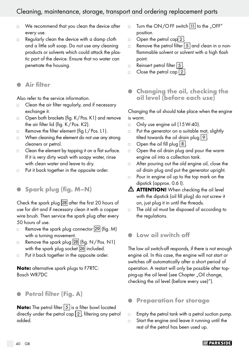 Air filter, Spark plug (fig. m–n), Petrol filter (fig. a) | Low oil switch off, Preparation for storage | Parkside PSE 2800 A1 User Manual | Page 40 / 44