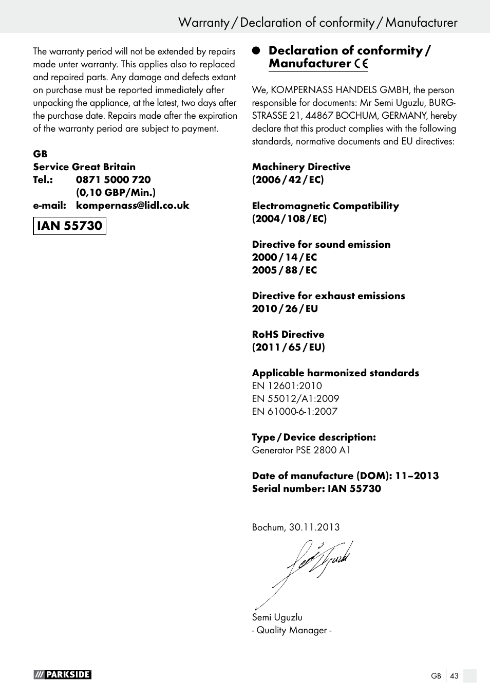 Maintenance schedule / warranty, Declaration of conformity / manufacturer | Parkside PSE 2800 A1 User Manual | Page 43 / 44