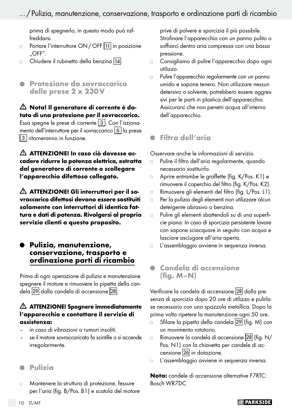 Protezione da sovraccarico delle prese 2 x 230 v, Pulizia, Filtro dell‘aria | Candela di accensione (fig. m–n) | Parkside PSE 2800 A1 User Manual | Page 10 / 35