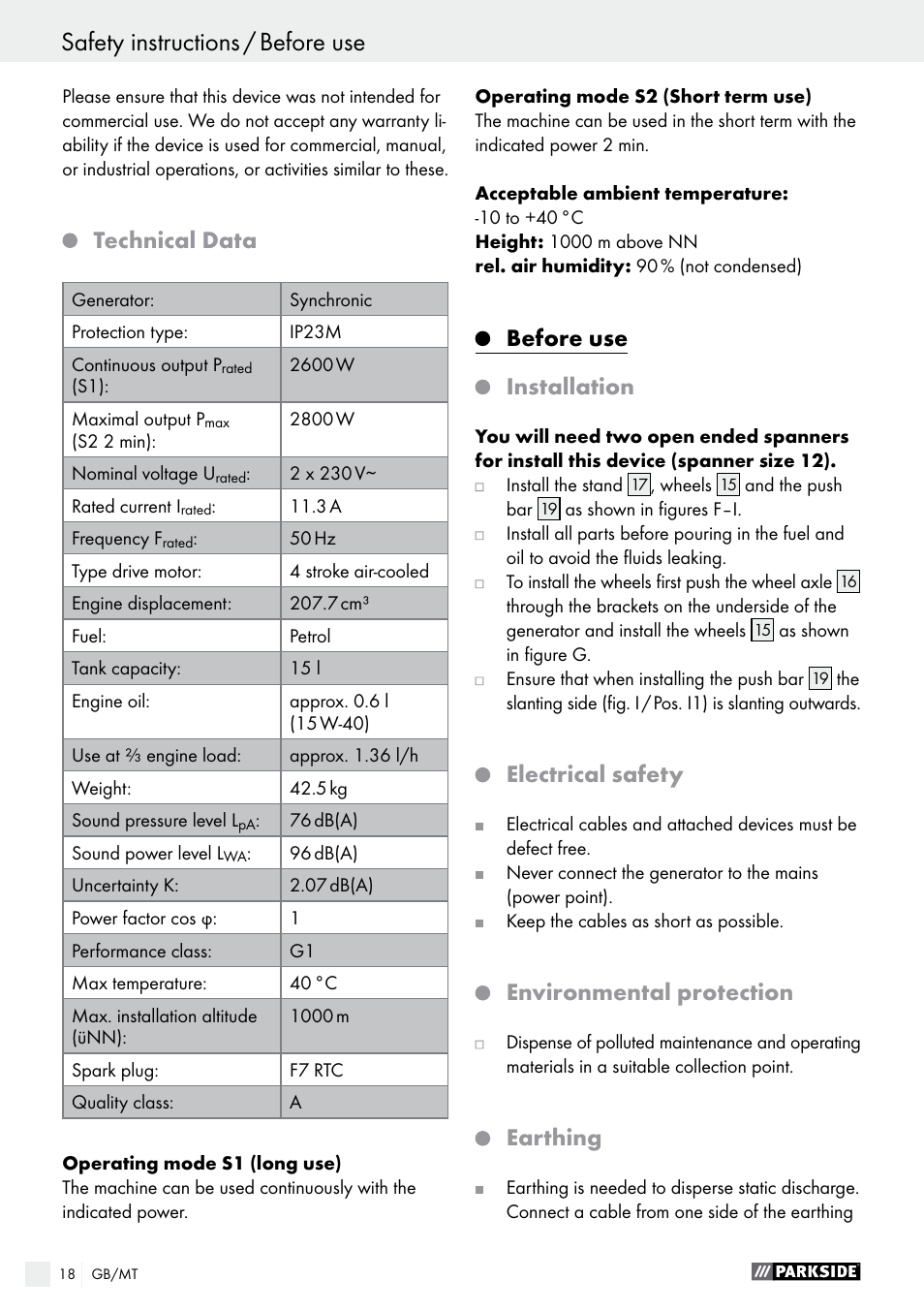 Safety instructions / before use, Technical data, Before use installation | Electrical safety, Environmental protection, Earthing | Parkside PSE 2800 A1 User Manual | Page 18 / 35