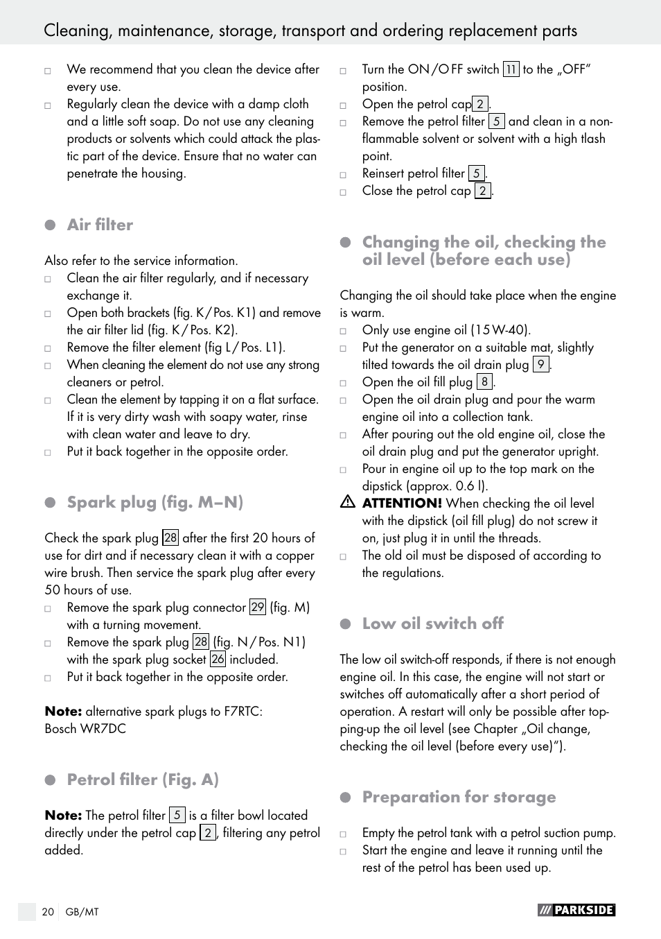 Air filter, Spark plug (fig. m–n), Petrol filter (fig. a) | Low oil switch off, Preparation for storage | Parkside PSE 2800 A1 User Manual | Page 20 / 35