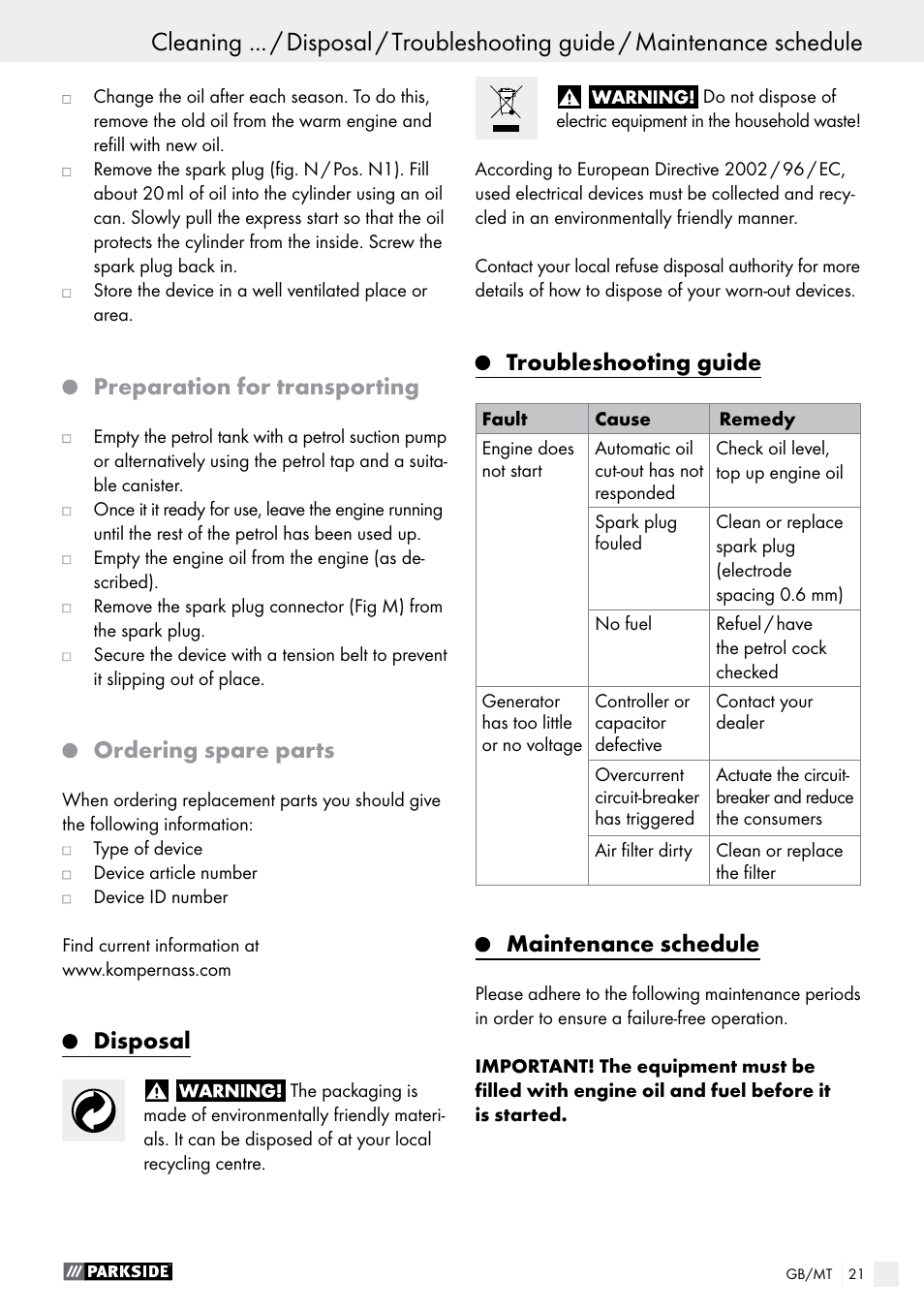 Preparation for transporting, Ordering spare parts, Disposal | Troubleshooting guide, Maintenance schedule | Parkside PSE 2800 A1 User Manual | Page 21 / 35