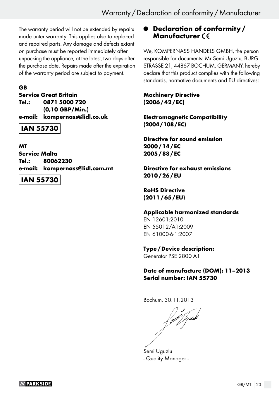 Maintenance schedule / warranty | Parkside PSE 2800 A1 User Manual | Page 23 / 35