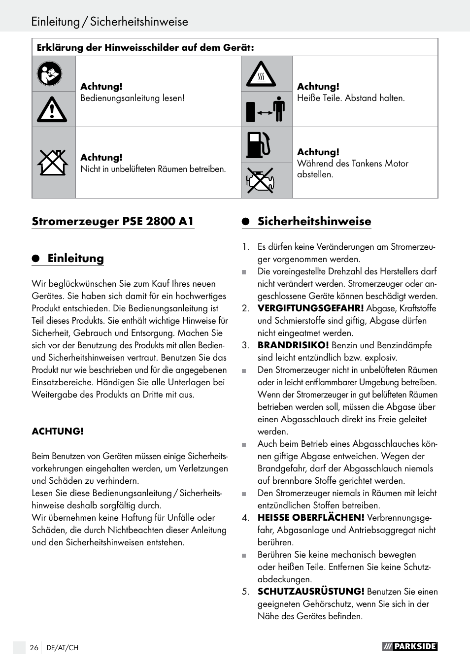 Sicherheitshinweise, Einleitung / sicherheitshinweise | Parkside PSE 2800 A1 User Manual | Page 26 / 35