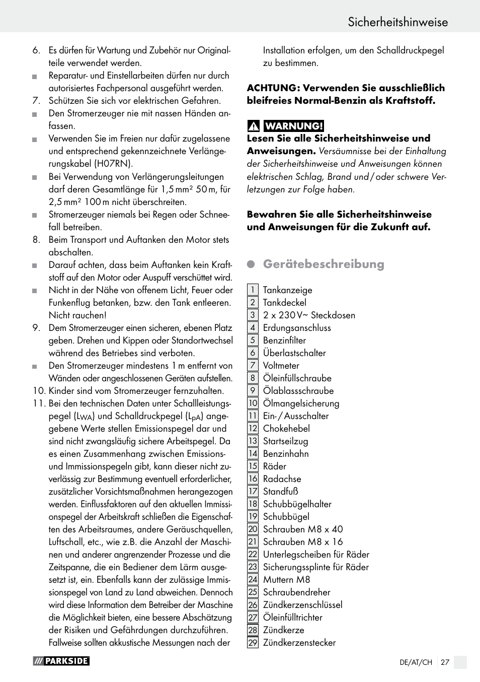 Gerätebeschreibung | Parkside PSE 2800 A1 User Manual | Page 27 / 35