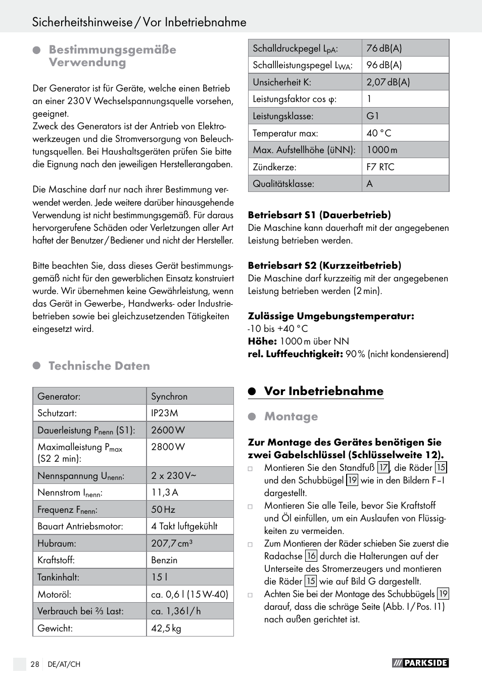 Vor inbetriebnahme / bedienung, Sicherheitshinweise / vor inbetriebnahme, Bestimmungsgemäße verwendung | Technische daten, Vor inbetriebnahme montage | Parkside PSE 2800 A1 User Manual | Page 28 / 35