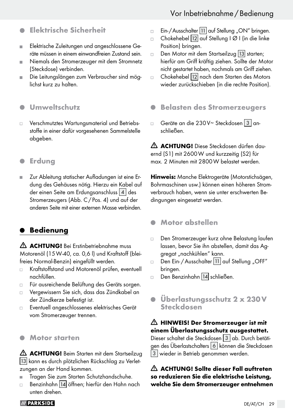 Elektrische sicherheit, Umweltschutz, Erdung | Bedienung, Motor starten, Belasten des stromerzeugers, Motor abstellen, Überlastungsschutz 2 x 230 v steckdosen | Parkside PSE 2800 A1 User Manual | Page 29 / 35