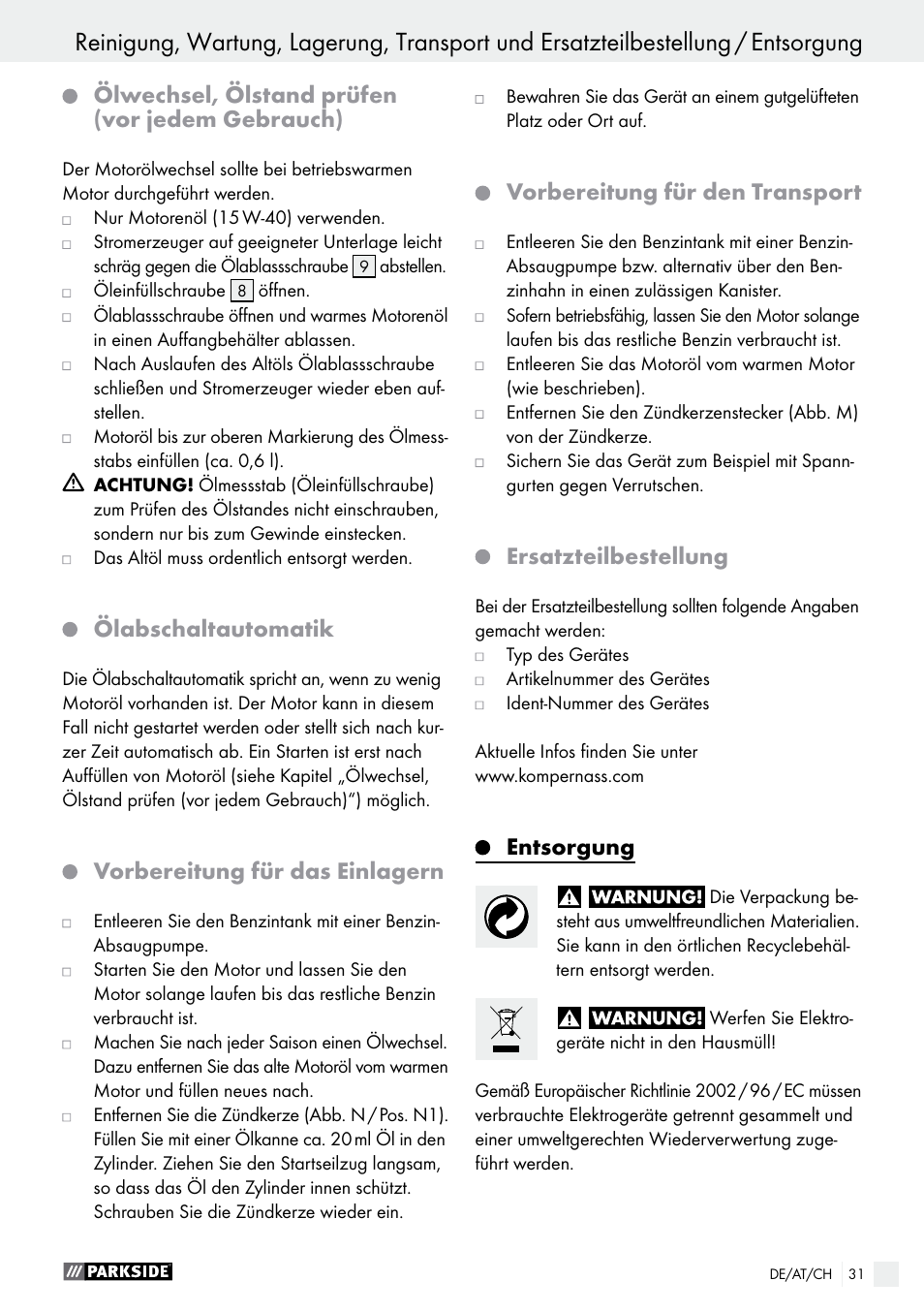 Ölwechsel, ölstand prüfen (vor jedem gebrauch), Ölabschaltautomatik, Vorbereitung für das einlagern | Vorbereitung für den transport, Ersatzteilbestellung, Entsorgung | Parkside PSE 2800 A1 User Manual | Page 31 / 35