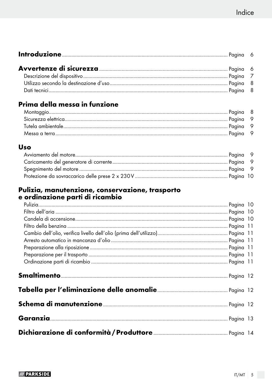 Indice | Parkside PSE 2800 A1 User Manual | Page 5 / 35