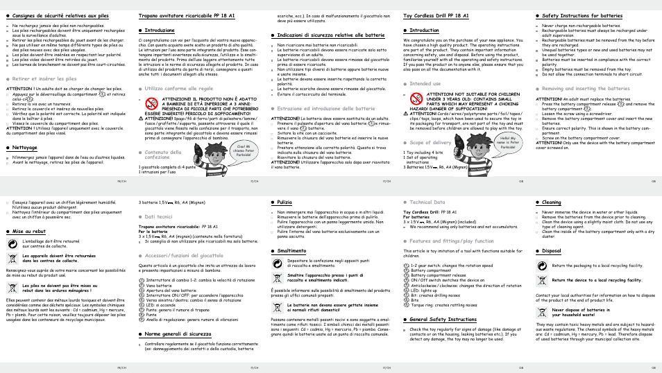 Pulizia, Smaltimento, Indicazioni di sicurezza relative alle batterie | Estrazione ed introduzione delle batterie, Dati tecnici, Accessori / funzioni del giocattolo, Norme generali di sicurezza, Utilizzo conforme alle regole, Contenuto della confezione, Cleaning | Parkside PP 18 A1 User Manual | Page 2 / 2