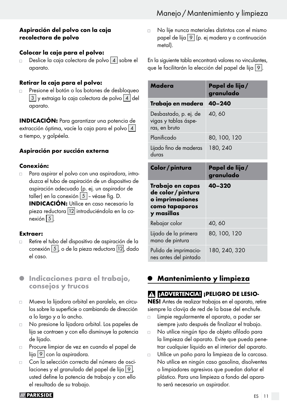 Indicaciones para el trabajo, consejos y trucos, Mantenimiento y limpieza | Parkside PSS 250 A1 User Manual | Page 11 / 52