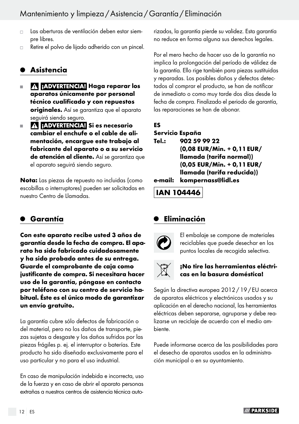 Asistencia, Garantía, Eliminación | Parkside PSS 250 A1 User Manual | Page 12 / 52