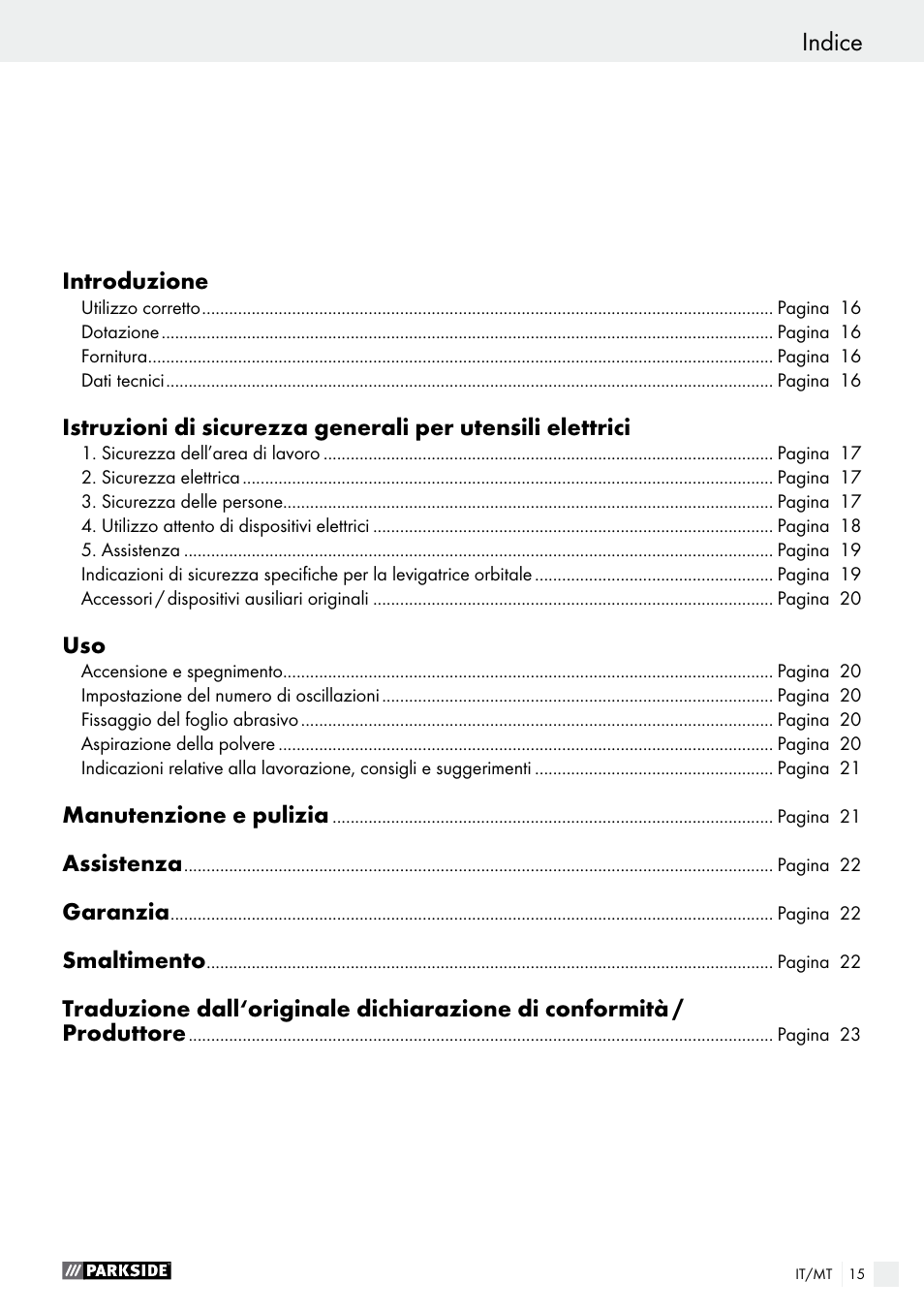 Indice | Parkside PSS 250 A1 User Manual | Page 15 / 52