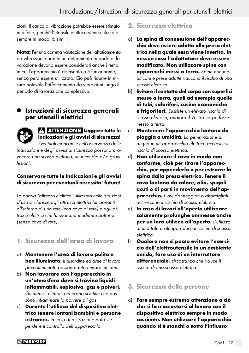 Introduzione, Sicurezza dell’area di lavoro, Sicurezza elettrica | Sicurezza delle persone | Parkside PSS 250 A1 User Manual | Page 17 / 52