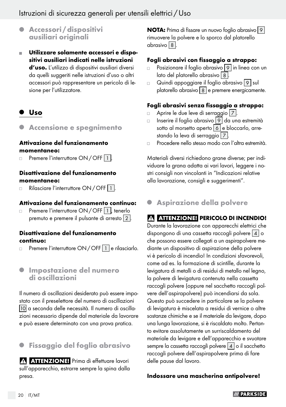 Accessori / dispositivi ausiliari originali, Accensione e spegnimento, Impostazione del numero di oscillazioni | Fissaggio del foglio abrasivo, Aspirazione della polvere | Parkside PSS 250 A1 User Manual | Page 20 / 52