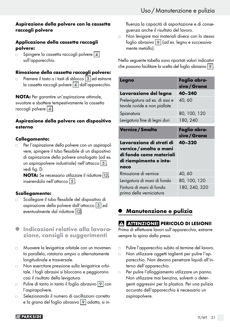 Uso / manutenzione e pulizia, Manutenzione e pulizia | Parkside PSS 250 A1 User Manual | Page 21 / 52