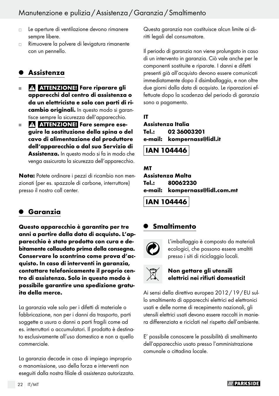 Assistenza, Garanzia, Smaltimento | Parkside PSS 250 A1 User Manual | Page 22 / 52