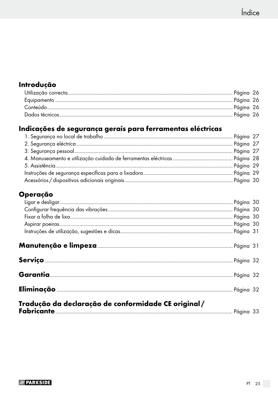 Índice | Parkside PSS 250 A1 User Manual | Page 25 / 52