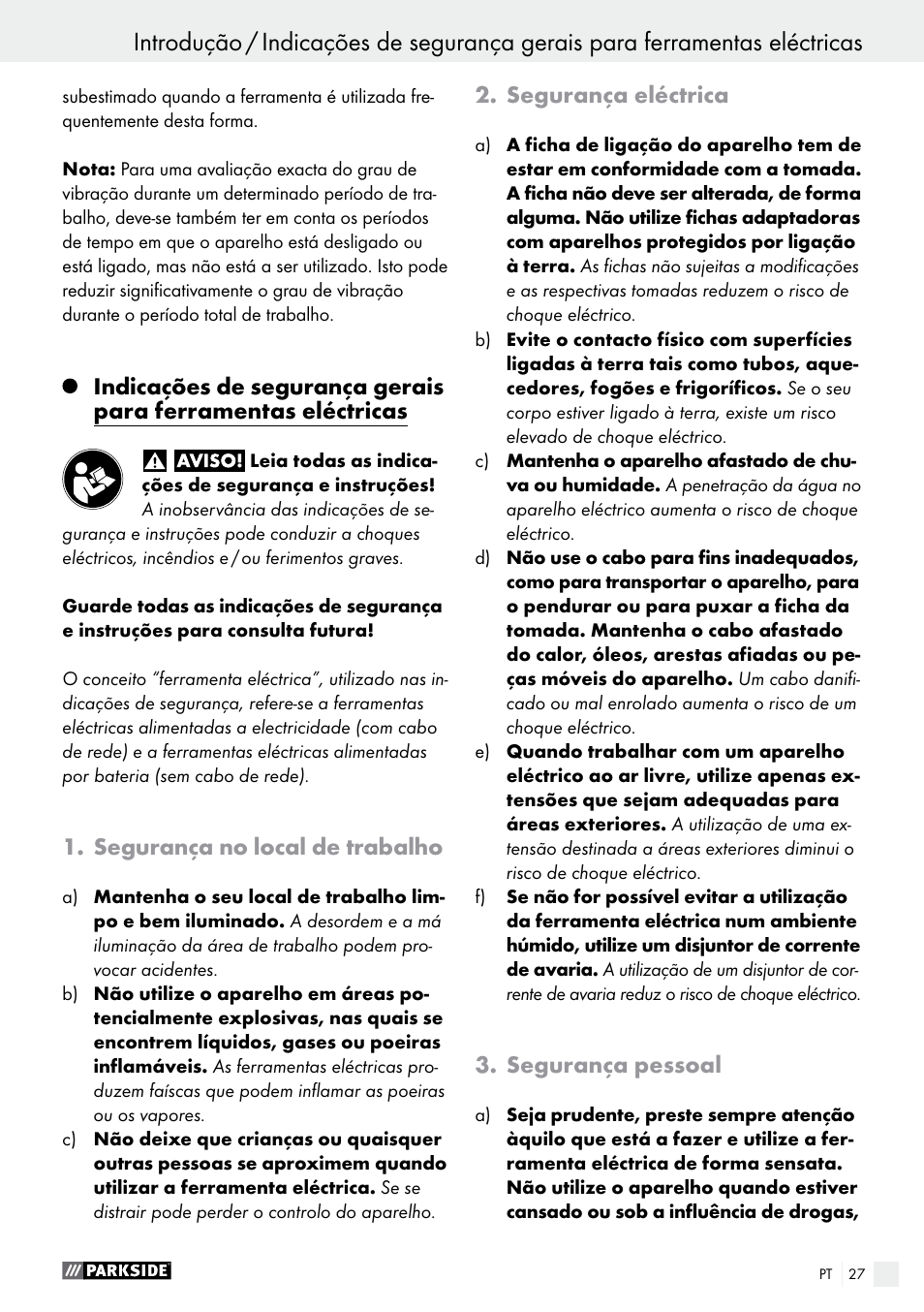 Segurança no local de trabalho, Segurança eléctrica, Segurança pessoal | Parkside PSS 250 A1 User Manual | Page 27 / 52