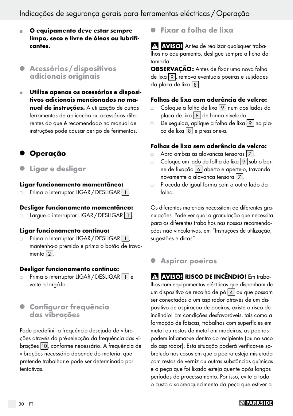 Operação / manutenção e limpeza, Acessórios / dispositivos adicionais originais, Operação | Ligar e desligar, Configurar frequência das vibrações, Fixar a folha de lixa, Aspirar poeiras | Parkside PSS 250 A1 User Manual | Page 30 / 52