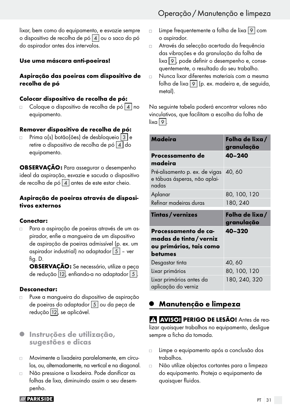 Instruções de utilização, sugestões e dicas, Manutenção e limpeza | Parkside PSS 250 A1 User Manual | Page 31 / 52