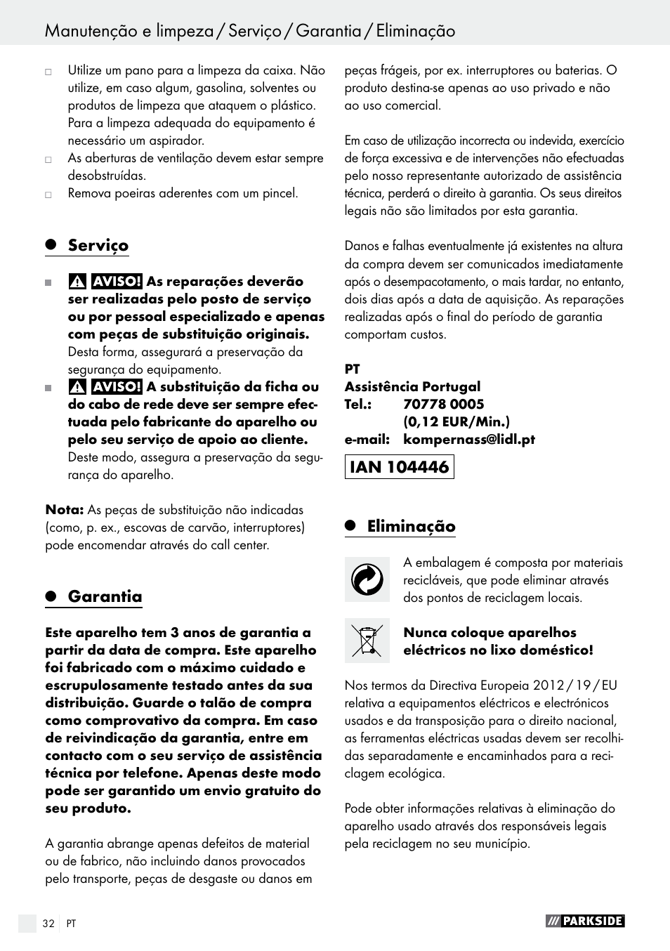 Serviço, Garantia, Eliminação | Parkside PSS 250 A1 User Manual | Page 32 / 52