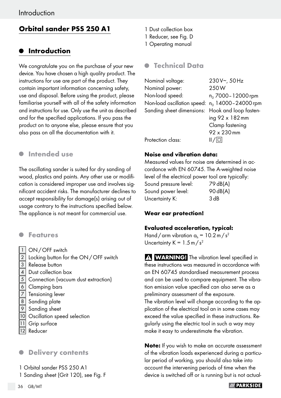 Orbital sander pss 250 a1, Introduction, Intended use | Features, Delivery contents, Technical data | Parkside PSS 250 A1 User Manual | Page 36 / 52